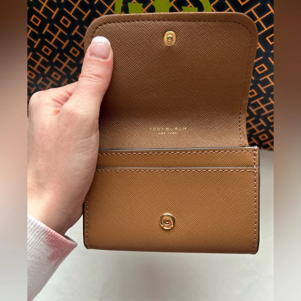 Tory Burch Emerson Flap Card Case Wallet Moose Tan Brown Gold